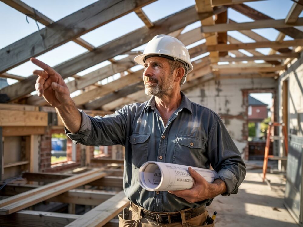 pracownik budowlany na dachu