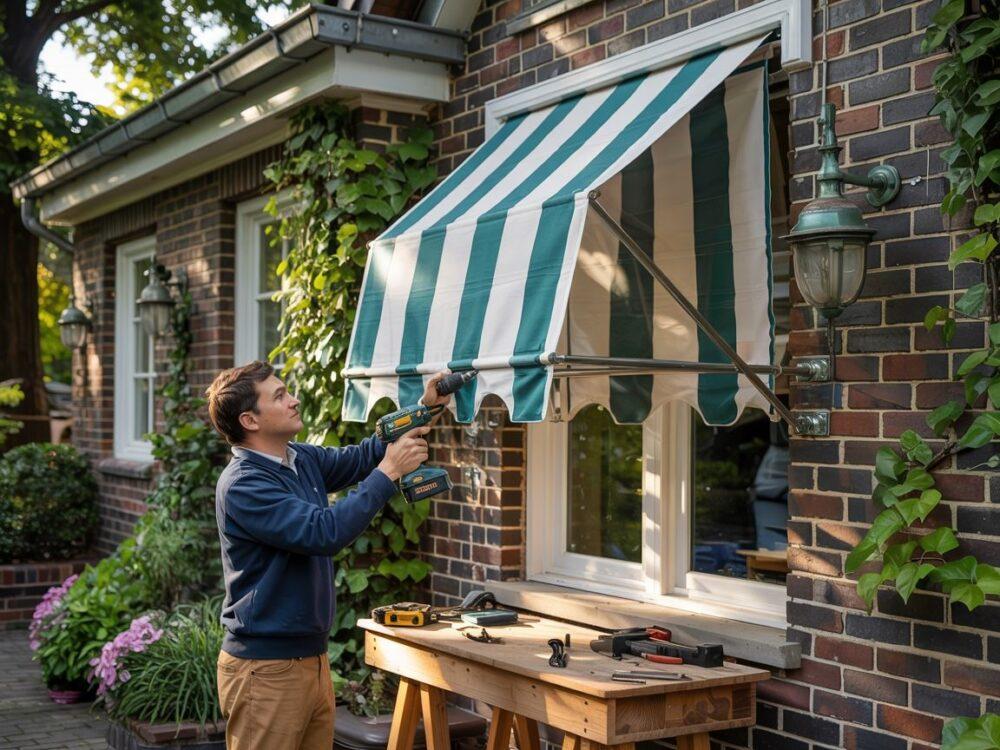 ręce montujące markizę